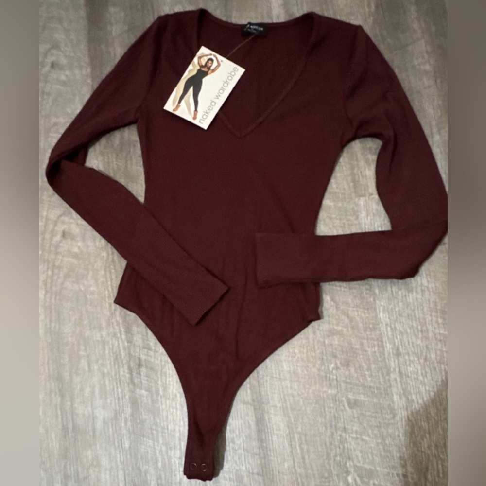 Naked Wardrobe, Deep Red Burgundy Ribbed Bodysuit, NWT, XS, Longsleeve